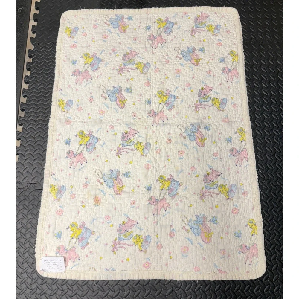 Quiltex Baby Blanket Infant White 1950s Vintage Poodle Print Quilted Ruffle READ